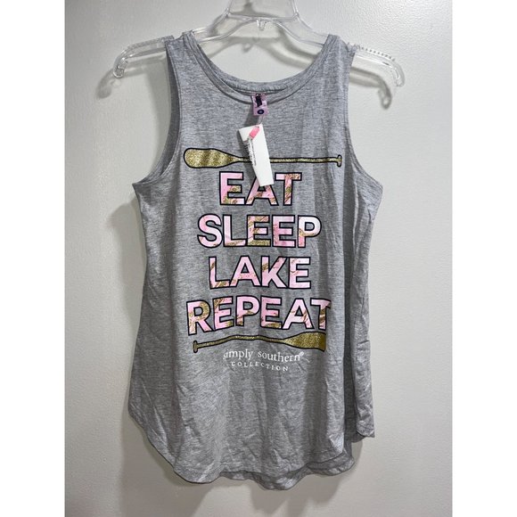 SIMPLY SOUTHERN "EAT SLEEP LAKE REPEAT" WOMEN'S GRAY GLITTER GRAPHIC TANK TOP SM - Picture 1 of 6